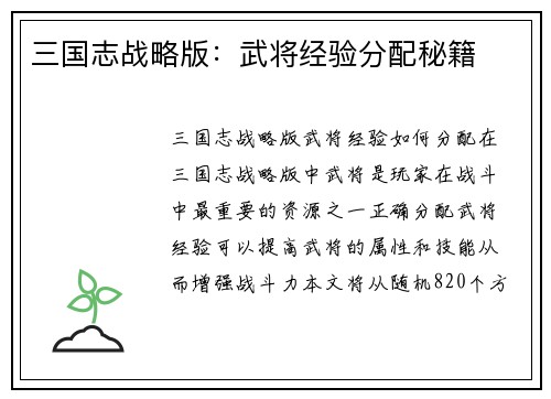 三国志战略版：武将经验分配秘籍